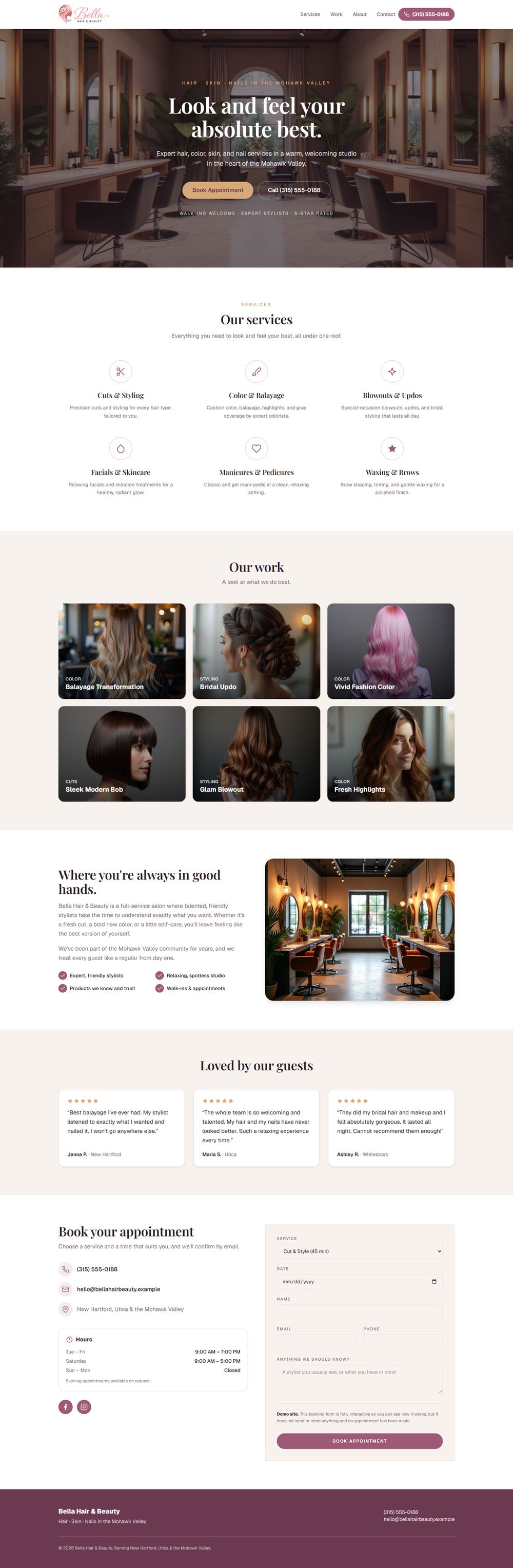 The salon demo site, top to bottom